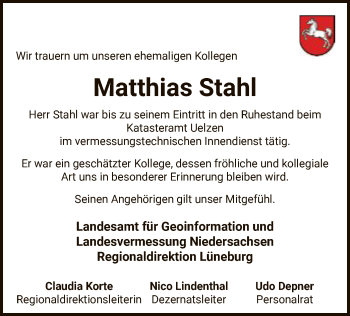 Traueranzeige von Matthias Stahl von UEL