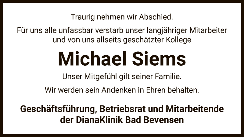  Traueranzeige für Michael Siems vom 05.06.2021 aus UEL