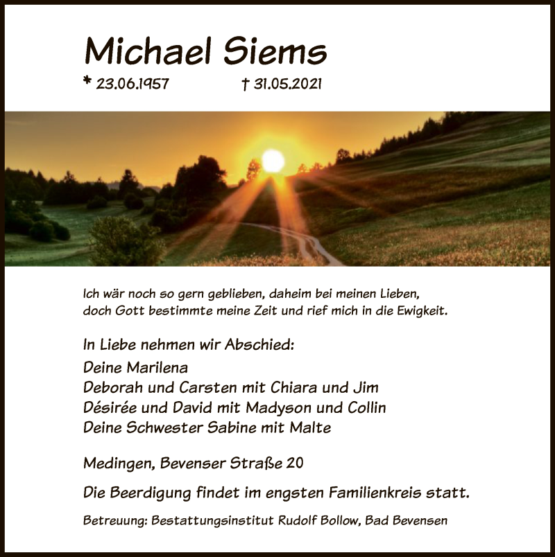  Traueranzeige für Michael Siems vom 05.06.2021 aus UEL