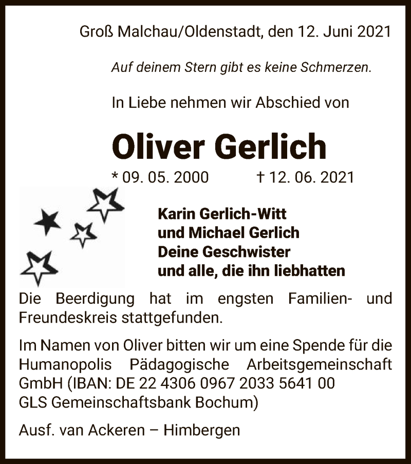  Traueranzeige für Oliver Gerlich vom 19.06.2021 aus UEL