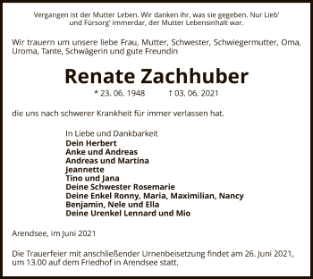Traueranzeige von Renate Zachhuber von UEL