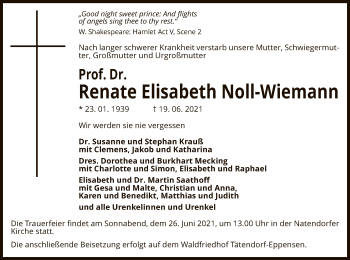 Traueranzeige von Renate Elisabeth Noll-Wiemann von UEL