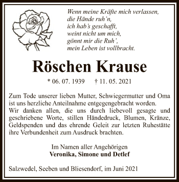 Traueranzeige von Röschen Krause von UEL