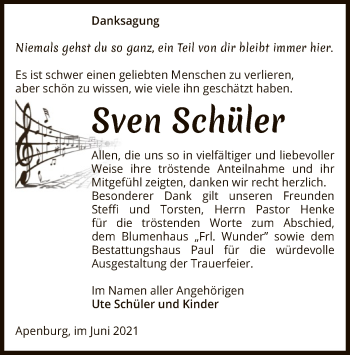 Traueranzeige von Sven Schüler von UEL