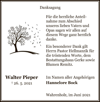 Traueranzeige von Walter Pieper von UEL