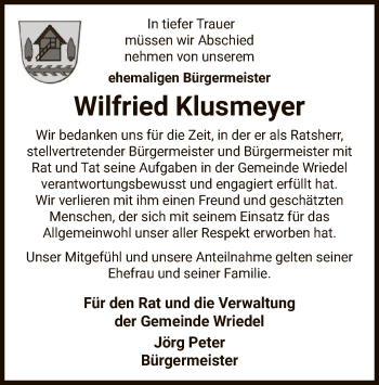 Traueranzeige von Wilfried Klusmeyer von UEL