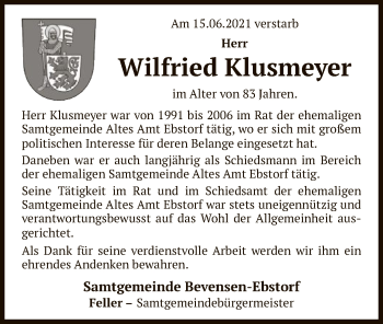 Traueranzeige von Wilfried Klusmeyer von UEL