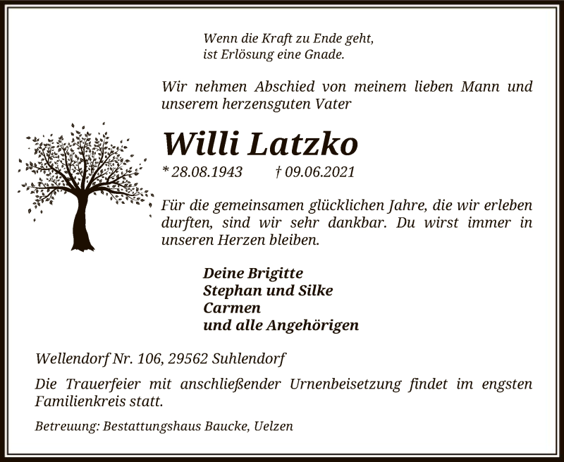  Traueranzeige für Willi Latzko vom 12.06.2021 aus UEL
