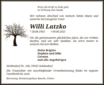 Traueranzeige von Willi Latzko von UEL