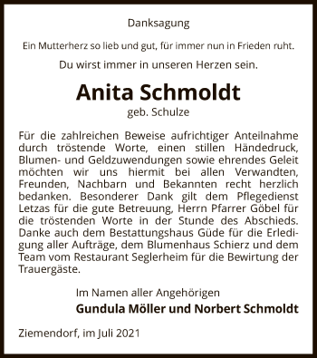 Traueranzeige von Anita Schmoldt von UEL