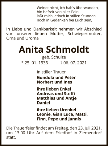 Traueranzeige von Anita Schmoldt von UEL