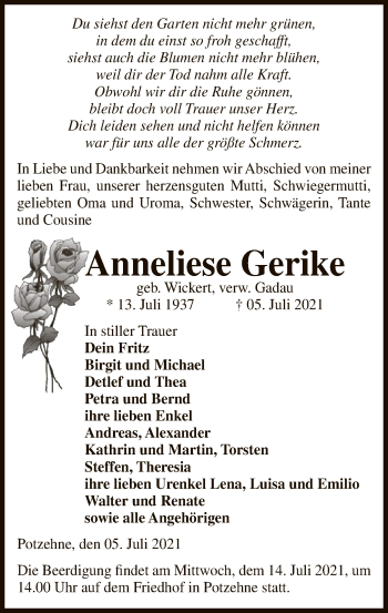 Traueranzeige von Anneliese Gerike von UEL