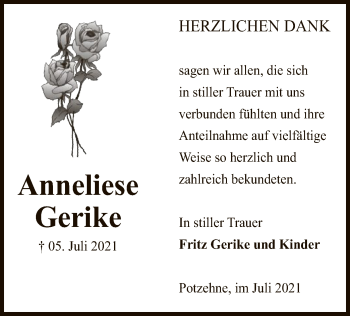 Traueranzeige von Anneliese Gerike von UEL