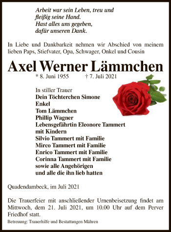 Traueranzeige von Axel Werner Lämmchen von UEL