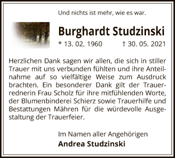 Traueranzeige von Burghardt Studzinski von UEL