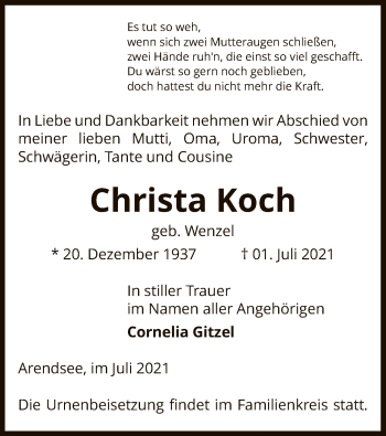 Traueranzeige von Christa Koch von UEL