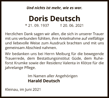 Traueranzeige von Doris Deutsch von UEL