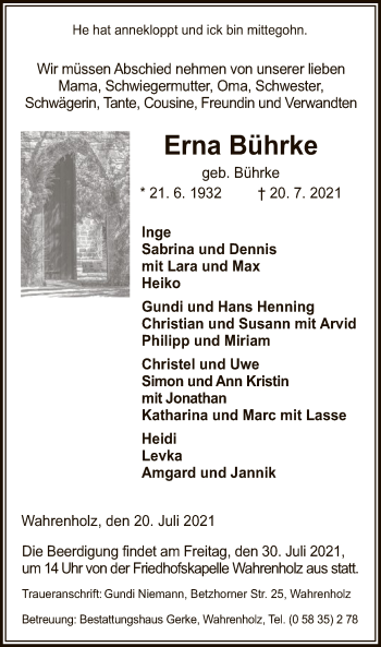 Traueranzeige von Erna Bührke von UEL