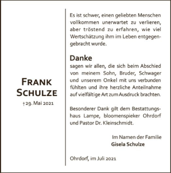 Traueranzeige von Frank Schulze von UEL