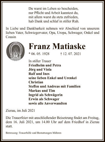 Traueranzeige von Franz Matiaske von UEL