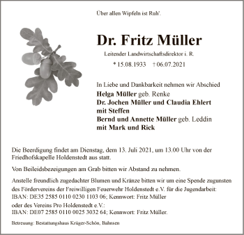 Traueranzeige von Fritz Müller von UEL