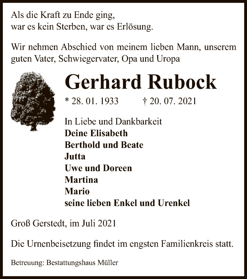  Traueranzeige für Gerhard Rubock vom 22.07.2021 aus UEL