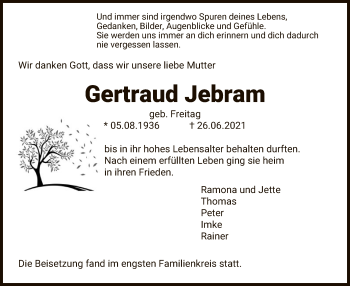 Traueranzeige von Gertraud Jebram von UEL