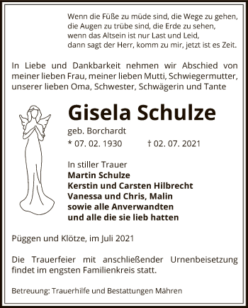 Traueranzeige von Gisela Schulze von UEL