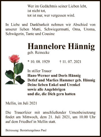 Traueranzeige von Hannelore Hännig von UEL