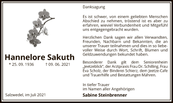 Traueranzeige von Hannelore Sakuth von UEL