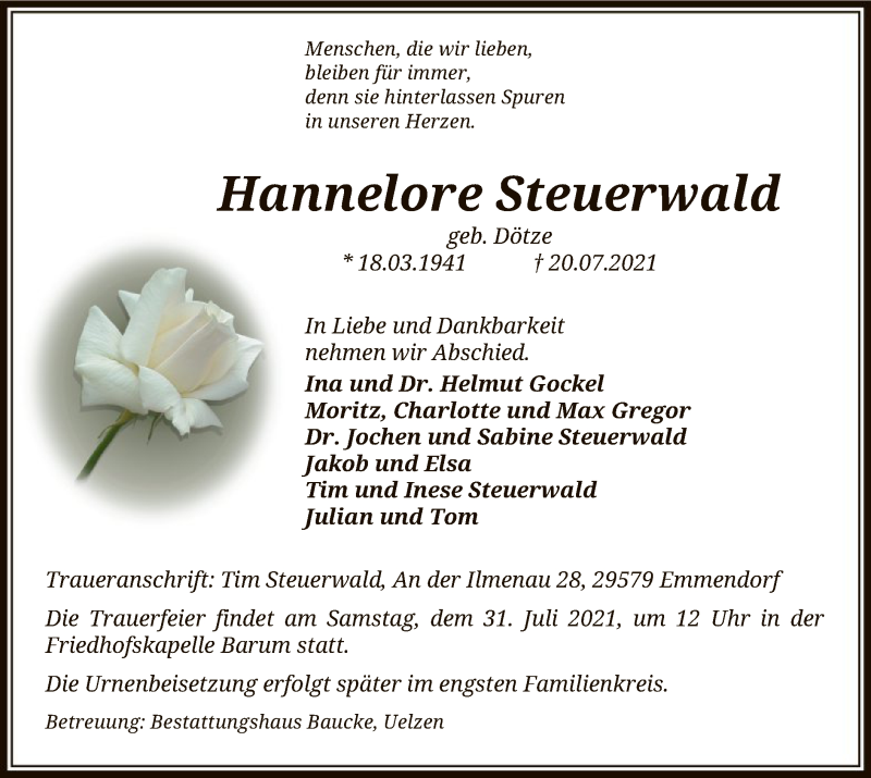  Traueranzeige für Hannelore Steuerwald vom 24.07.2021 aus UEL