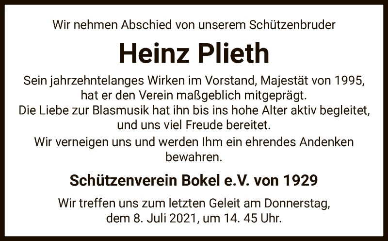  Traueranzeige für Heinz Plieth vom 07.07.2021 aus UEL