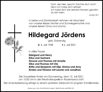 Traueranzeige von Hildegard Jördens von UEL