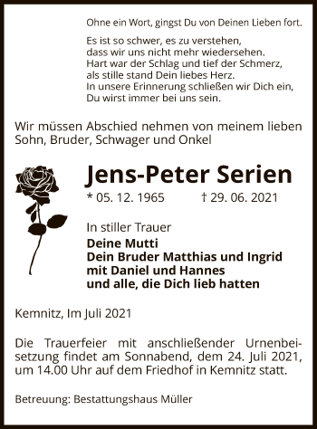 Traueranzeige von Jens-Peter Serien von UEL