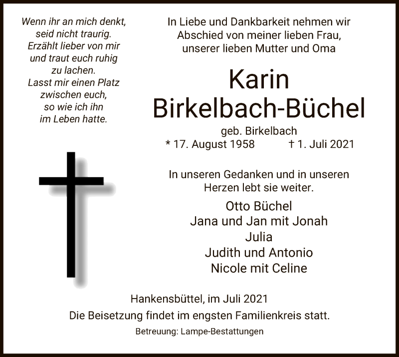  Traueranzeige für Karin Birkelbach-Büchel vom 07.07.2021 aus UEL