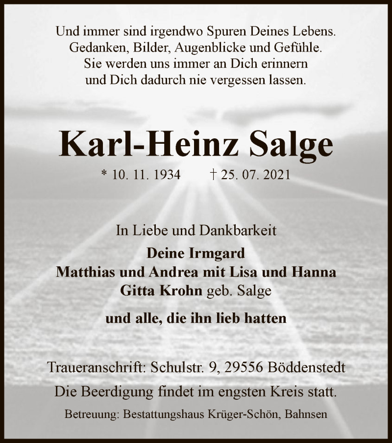  Traueranzeige für Karl-Heinz Salge vom 28.07.2021 aus UEL