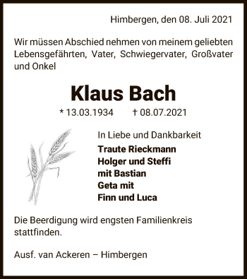 Traueranzeige von Klaus Bach von UEL