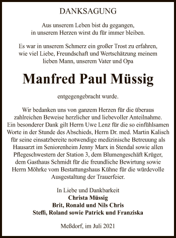 Traueranzeige von Manfred Paul Müssig von UEL