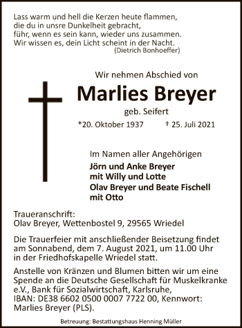 Traueranzeige von Marlies Breyer von UEL