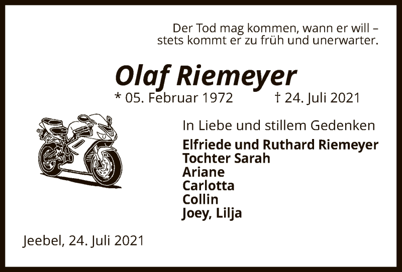  Traueranzeige für Olaf Riemeyer vom 27.07.2021 aus UEL