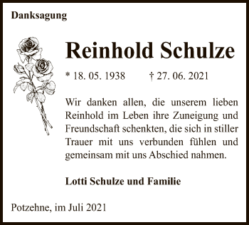 Traueranzeige von Reinhold Schulze von UEL