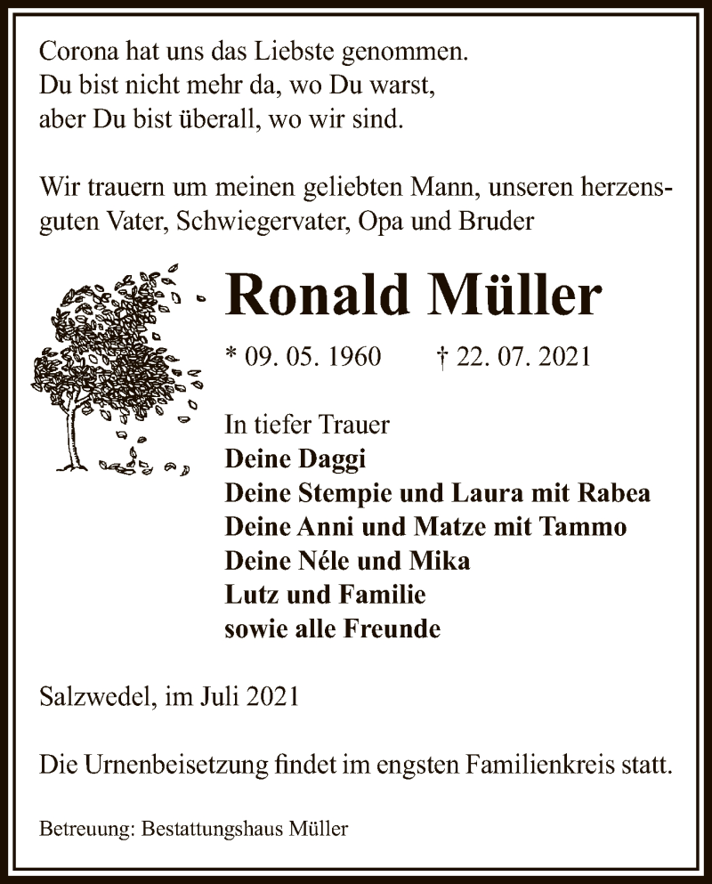  Traueranzeige für Ronald Müller vom 27.07.2021 aus UEL