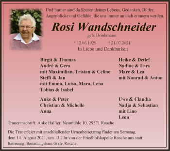 Traueranzeige von Rosi Wandschneider von UEL