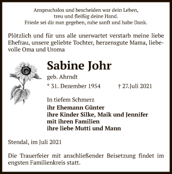 Traueranzeige von Sabine Johr von UEL