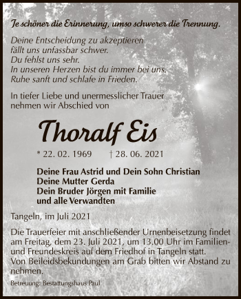 Traueranzeige von Thoralf Eis von UEL