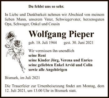 Traueranzeige von Wolfgang Pieper von UEL
