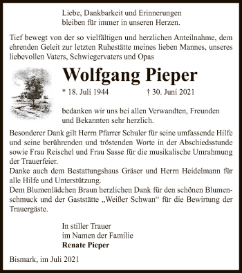 Traueranzeige von Wolfgang Pieper von UEL