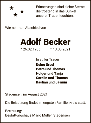 Traueranzeige von Adolf Becker von UEL