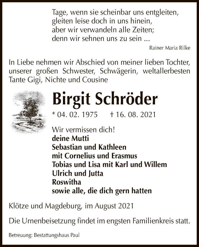  Traueranzeige für Birgit Schröder vom 20.08.2021 aus UEL