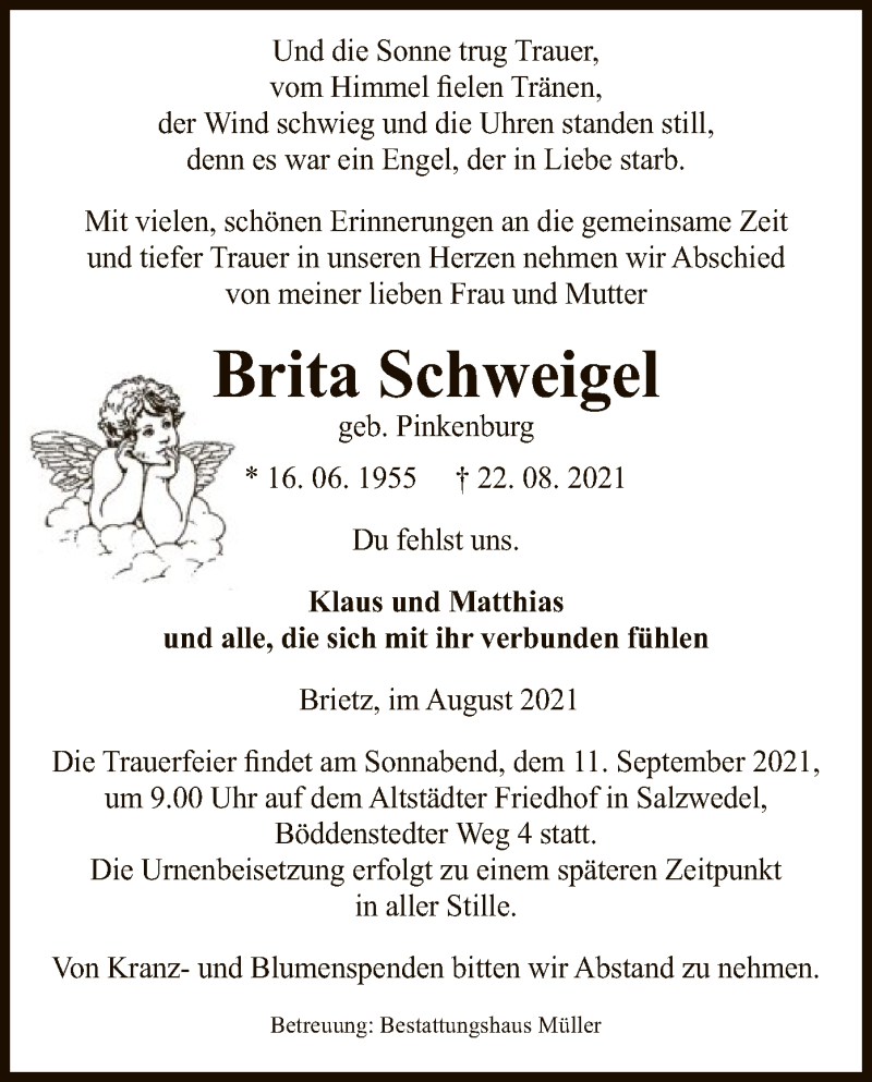  Traueranzeige für Brita Schweigel vom 24.08.2021 aus UEL